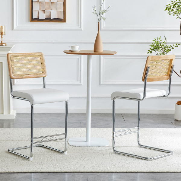 English Elm Natural Rattan Backrest Counter Stools Set of Two with Velvet Seat and Chrome Legs W2920P395620
