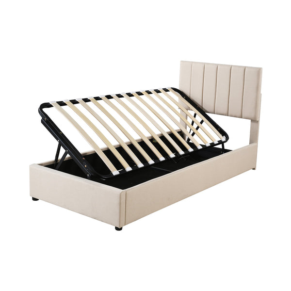 English Elm Twin Upholstered Hydraulic Storage Bed with Vertical Stripe Headboard, Space-Saving Modern Platform Beige SF000185AAA