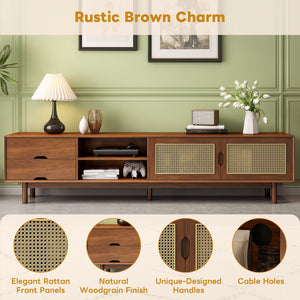 English Elm 78 Inch Rattan Media Console with Rubberwood Legs Walnut Finish Living Room Storage N710P407810P