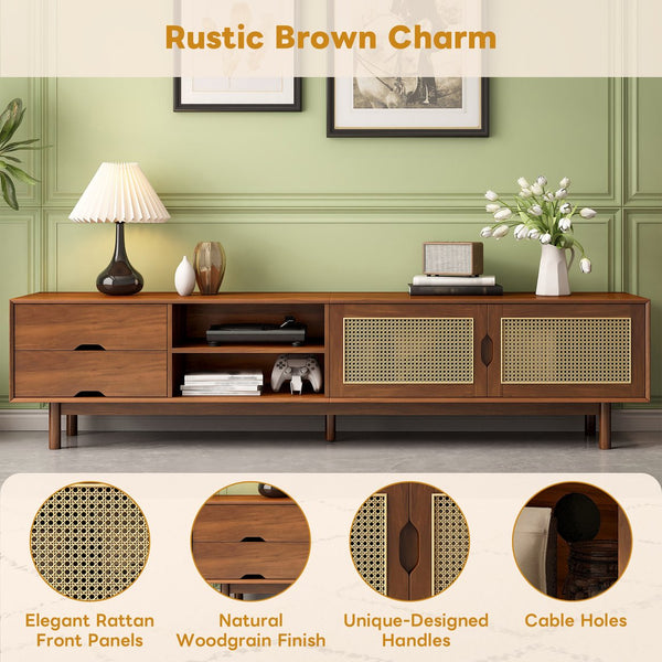 English Elm 78 Inch Rattan Media Console with Rubberwood Legs Walnut Finish Living Room Storage N710P407810P