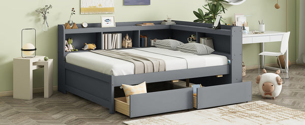 English Elm Full Size L-Shaped Bed With Bookcases, Usb Ports & Drawers - Space-Saving Grey Bedroom Solution W504S00245