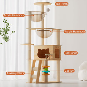 English Elm 59" Modern Wood Cat Tower with Sisal Posts Acrylic Hammock and Elevated Perch W3101P383595