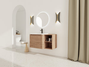 English Elm 36'' 36" Wall-Mounted Vanity with White Ceramic Sink, Plywood Shelves, Soft-Close Door & Rounded Edges W999S00379