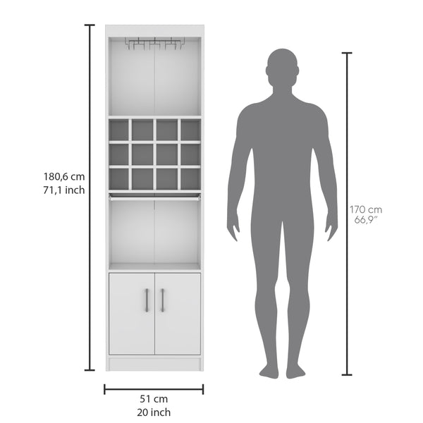 English Elm Kevil 71-Inch Tall Bar Cabinet with 12-Bottle Cubbies, Stemware Rack, Pull-Out Tray & 5 Shelves White 42 L x 19 W x 9 H B200P188836