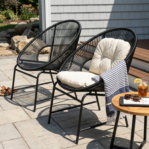 English Elm Nusa Outdoor Pe Rattan Patio Chairs with Iron Frame Airy Oval Weave Set of 2 Black N775P422987B