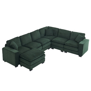 English Elm Modern U Shaped 6-Seat Sectional Sofa with Ottoman and 3 Toss Pillows, Corduroy Modular Comfort and Durable Frame Green W2363S00042