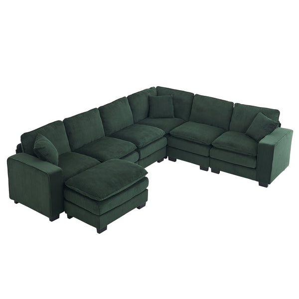 English Elm Modern U Shaped 6-Seat Sectional Sofa with Ottoman and 3 Toss Pillows, Corduroy Modular Comfort and Durable Frame Green W2363S00042