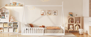 English Elm Twin House Bed with Roof and Fence for Kids – Sturdy Pine Frame, Vintage Wash Design, Safe Sleep Space White N709P183348K