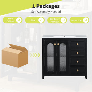 English Elm 36-inch ceramic basin vanity with patterned glass doors, gold round handles & ample storage drawers Black N729P184710B