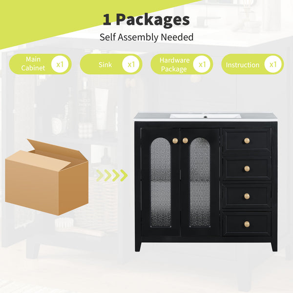 English Elm 36-inch ceramic basin vanity with patterned glass doors, gold round handles & ample storage drawers Black N729P184710B