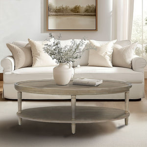 JLA Home Martha Stewart - Oval Reclaimed Greige Coffee Table with Raised Edge, Lower Shelf & Turned Legs — Farmhouse Chic Durable Design MT120-1200