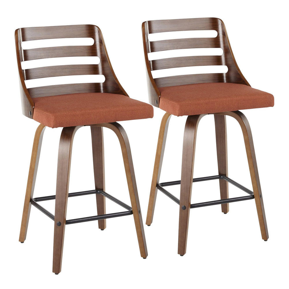 English Elm Mid-century Modern Bentwood Counter Stools with Walnut Finish and Bold Upholstered Seat B202S00380