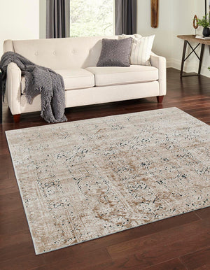 Unique Loom Chateau Quincy Machine Made Abstract Rug Beige, Brown/Navy Blue 7' 1" x 7' 1"