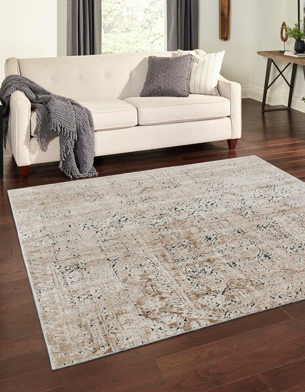 Unique Loom Chateau Quincy Machine Made Abstract Rug Beige, Brown/Navy Blue 7' 1" x 7' 1"