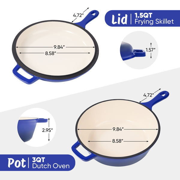 English Elm Enameled Cast Iron Skillets Dutch Oven Set 3QT + 1.5QT – Durable Heat-Retaining, Versatile Cookware Blue T3950P399254