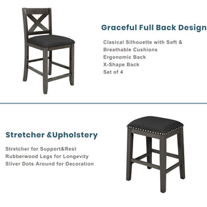 English Elm TOPMAX Counter Height Rustic Farmhouse 5-Piece Dining Set for 4 with Stacked Storage Shelves, Beige Upholstery Gray SP001134AAE