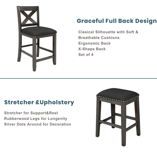 English Elm TOPMAX Counter Height Rustic Farmhouse 5-Piece Dining Set for 4 with Stacked Storage Shelves, Beige Upholstery Gray SP001134AAE