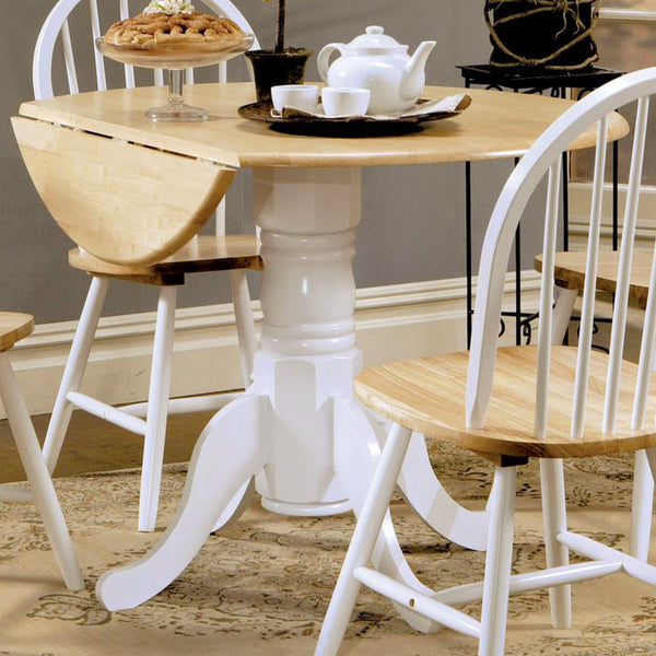 English Elm Round 40-inch Drop Leaf Dining Table White & Natural — Space-Saving Pedestal Base, Elegant Curved Legs, Cozy Cafe Style B016S00037