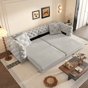 English Elm 97.6" Oversized Velvet Chesterfield Sleeper Sofa Floral Tufted Roll Arm Living Room Couch Light Grey W1885S00300