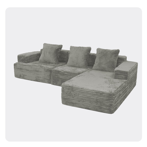 English Elm Compression Sectional Couch with Chaise Sleeper, Corduroy Antique Grey, CertiPUR-US Foam, Modular Comfort W3341P329074
