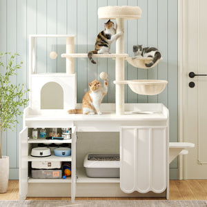 English Elm 50.6" Modern White Cat Tower with Litter Enclosure Sisal Posts Hammock and Perch N704P443505K