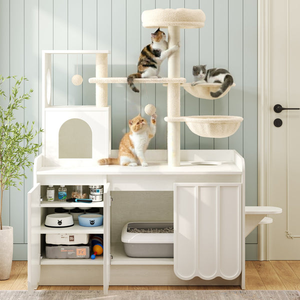 English Elm 50.6" Modern White Cat Tower with Litter Enclosure Sisal Posts Hammock and Perch N704P443505K