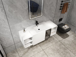 English Elm 54" Floating Bathroom Vanity Glossy White Plywood Cabinet with Ceramic Sink Grey Glass Door W999S00530