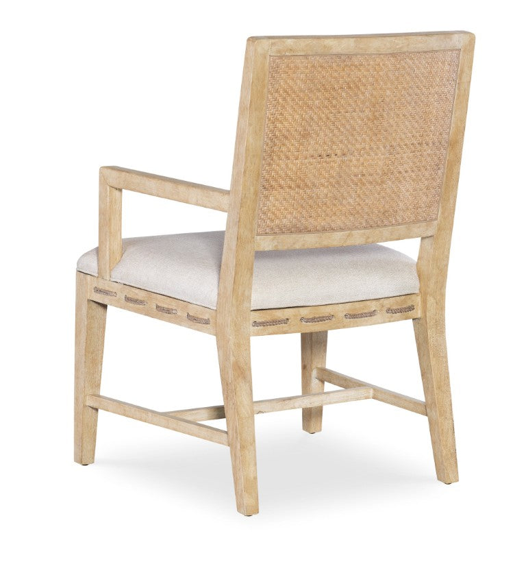 Hooker Furniture Retreat Raffia-Back Arm Chair With Wiley Snow Performance Fabric, Dune Finish, Coastal Modern Appeal 6950-75300-80
