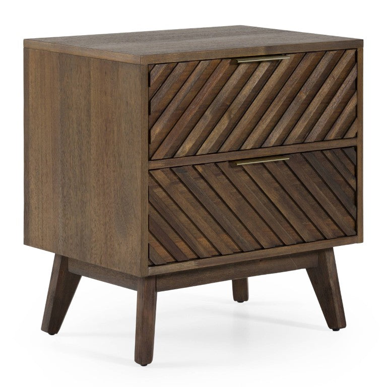 VIG Furniture Daisy Dark Acacia Mid‑Century Nightstand With Chevron Carved Drawers, Brass Handles & Smooth Glides VGWDKYOTO-NS