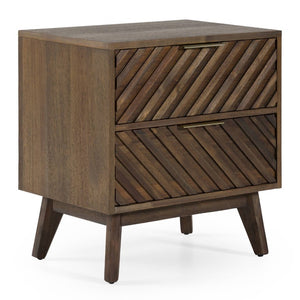 VIG Furniture Daisy Dark Acacia Mid‑Century Nightstand With Chevron Carved Drawers, Brass Handles & Smooth Glides VGWDKYOTO-NS