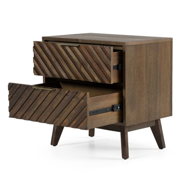 VIG Furniture Daisy Dark Acacia Mid‑Century Nightstand With Chevron Carved Drawers, Brass Handles & Smooth Glides VGWDKYOTO-NS