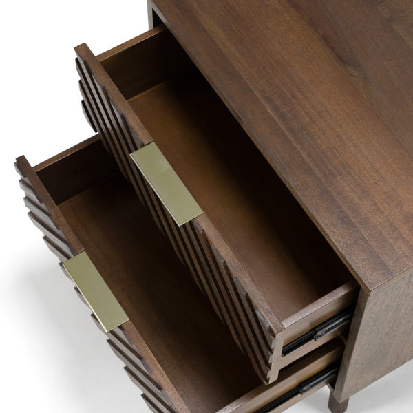 VIG Furniture Daisy Dark Acacia Mid‑Century Nightstand With Chevron Carved Drawers, Brass Handles & Smooth Glides VGWDKYOTO-NS