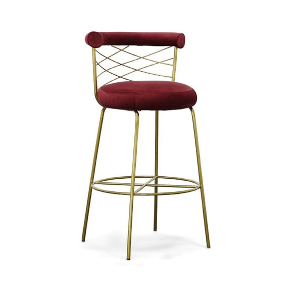 VIG Furniture Dakin Plush Red Velvet Barstool With Gold Tubular Frame, Cross Back Accent & Felt Pads — Luxe Counter Seat VGEUMC-9700CH-BS