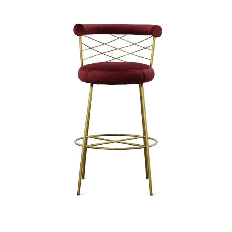 VIG Furniture Dakin Plush Red Velvet Barstool With Gold Tubular Frame, Cross Back Accent & Felt Pads — Luxe Counter Seat VGEUMC-9700CH-BS