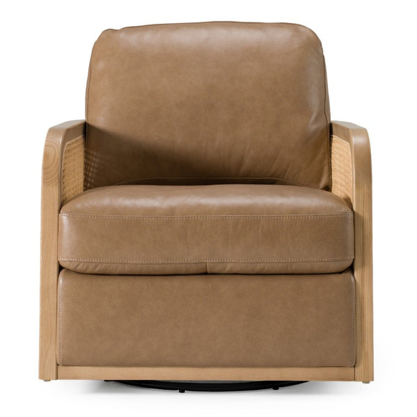 VIG Furniture Danson Top-Grain Leather Swivel Accent Chair With Wicker Siding, Solid Wood Frame, Plush Comfort VGKK-KF.A2090-SAND
