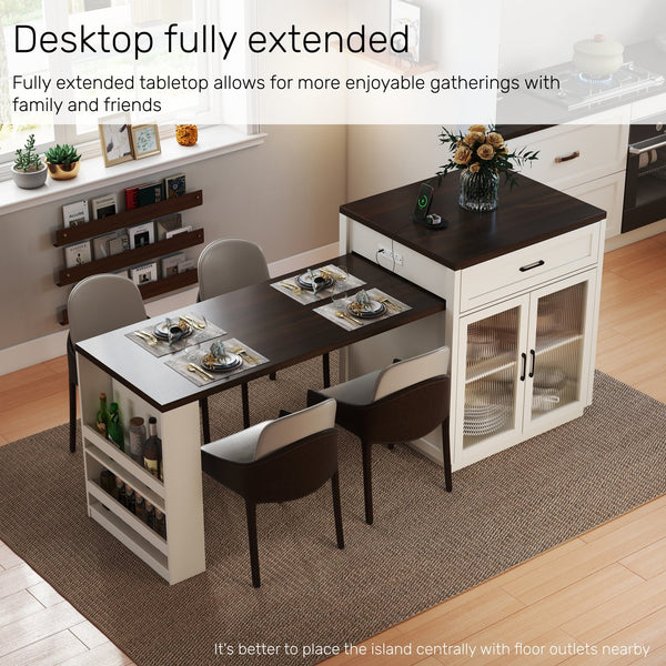 English Elm 83.1'' Extendable Kitchen Island Prep Station with Walnut Woodgrain and Built-in Power Hub W2557S00002