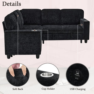 English Elm L-shaped Chenille Sectional Sleeper Sofa with Storage and Usb Charging Ports Charcoal Grey W1998S00088