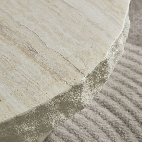 English Elm 31.69 Inch Round Fiberglass Coffee Table Sculptural Stone Finish for Modern Living Room W876P450501