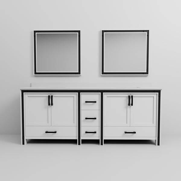 English Elm White Double Bath Vanity 84 in W x 22 in D with White Quartz Top, Soft-Close Drawers & Dual Mirrors B2731S00919