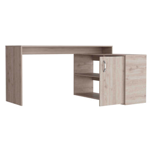 English Elm Antlia Beige L-Shaped Writing Desk with Cabinet & Two Shelves, Space-Saving Particleboard Design B128S00161