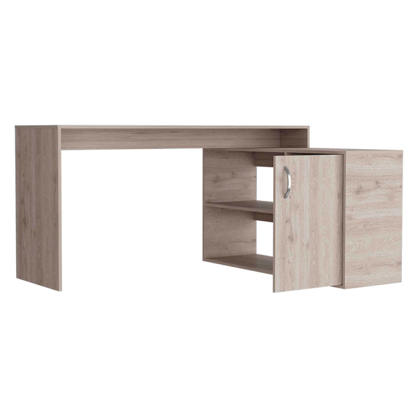 English Elm Antlia Beige L-Shaped Writing Desk with Cabinet & Two Shelves, Space-Saving Particleboard Design B128S00161