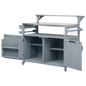 English Elm K&K 53.3" Outdoor Kitchen Island with 1.2" Stainless Top, Spacious Storage, Raised Shelf, Wheels Grey+Blue N707P250628G