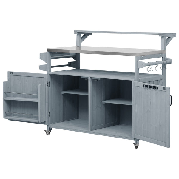 English Elm K&K 53.3" Outdoor Kitchen Island with 1.2" Stainless Top, Spacious Storage, Raised Shelf, Wheels Grey+Blue N707P250628G
