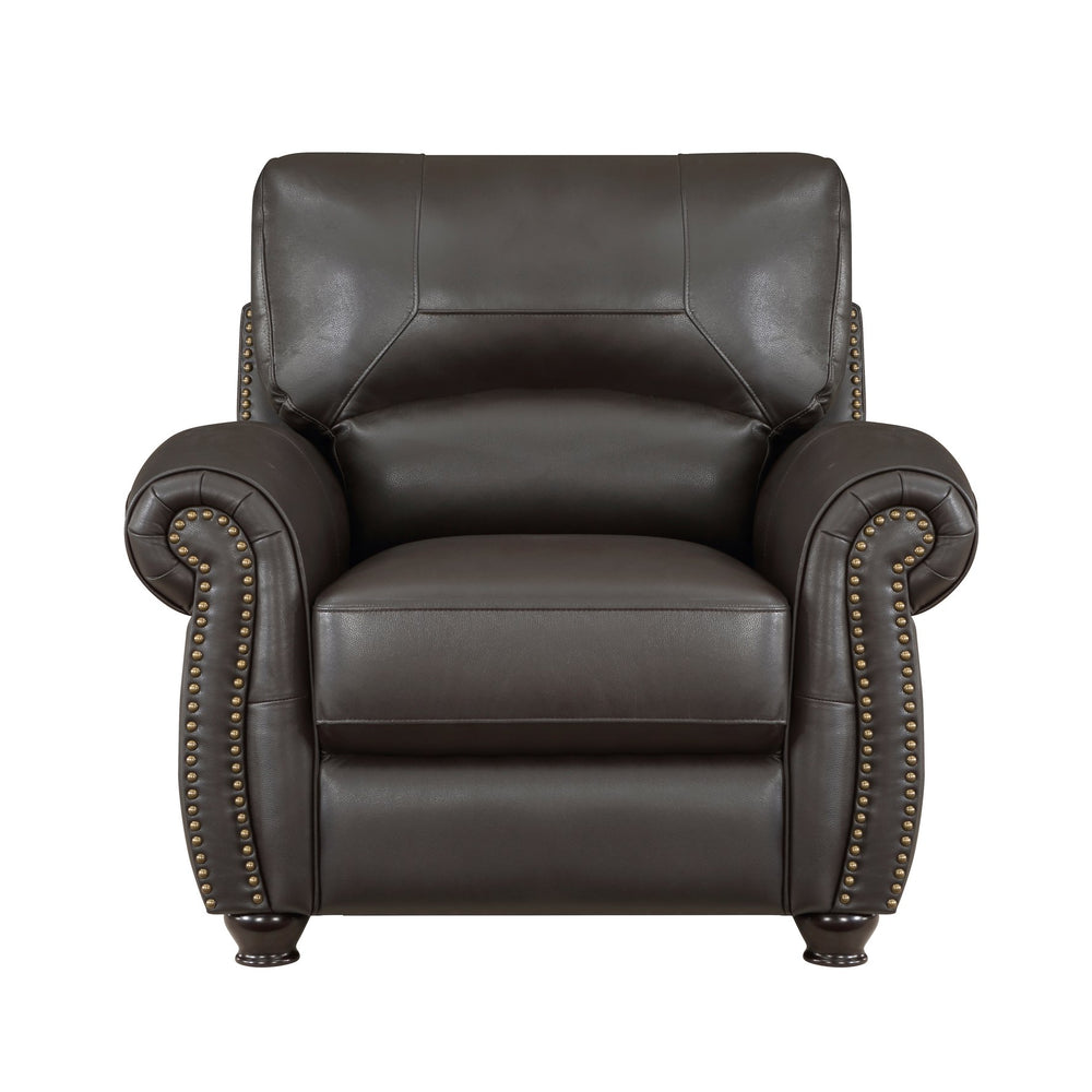 English Elm 1pc Top-grain Leather Accent Chair Rolled Arms Nailhead Trim Traditional Living Room B011P204075