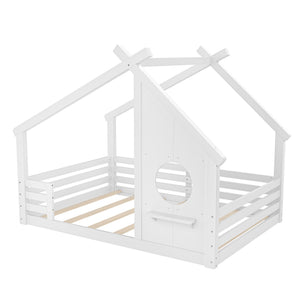 English Elm Twin House Bed Low Profile Pine Wood Frame with Shelf Montessori Kids Floor Sleeping Light White W5305P429644