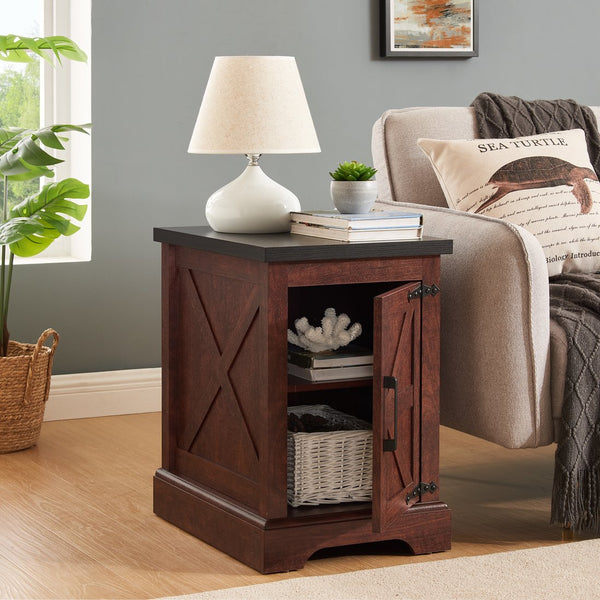 English Elm Farmhouse Rustic End Table with Barn Door Concealed Storage, Metal Handle, Retro Decor, Sturdy Base Oak W2275P192794