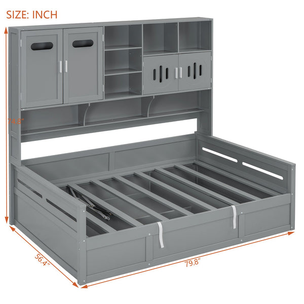 English Elm Full Size Wooden Daybed With Hydraulic Lift, Integrated Storage Cabinet & Shelves In Gray Finish N820S00047E