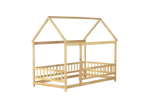 English Elm Twin Size House Floor Bed With Roof Frame & Safety Guardrails - Cozy & Imaginative Playtime Haven W504P286404-GIGA