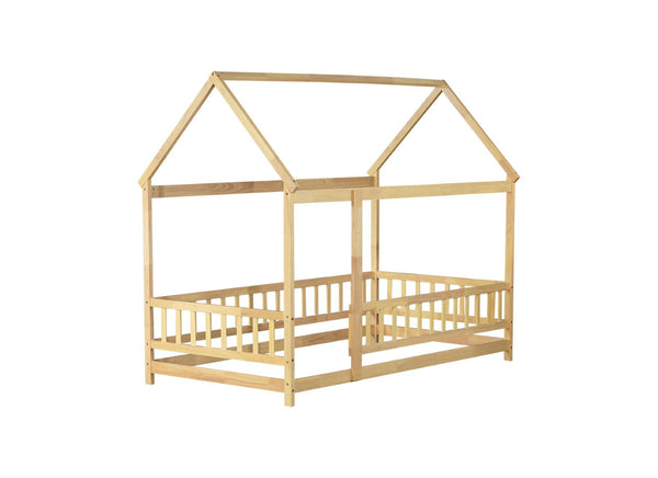 English Elm Twin Size House Floor Bed With Roof Frame & Safety Guardrails - Cozy & Imaginative Playtime Haven W504P286404-GIGA