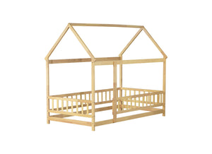 English Elm Twin House Shaped Floor Bed Solid Rubberwood Frame with Guardrails for Kids W504P370545